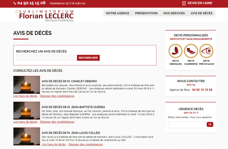 Interface du site Internet Sublimatorium Florian Leclerc de Nice : page "Avis de décès".